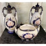 ART NOUVEAU ERNST WAHLESS PORCELAIN AMOHORA VASES - 30CMS APPROX WITH BOWL 15CMS APPROX, GARNITURE