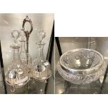 TRIO OF DECANTERS ON TRAY WITH STERLING H/M SILVER DRINKS LABEL & A CRYSTAL BOWL WITH H/M SILVER RIM