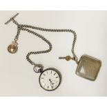 STERLING SILVER POCKET WATCH WITH DOUBLE ALBERT CHAIN, SILVER VESTA CASE