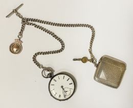 STERLING SILVER POCKET WATCH WITH DOUBLE ALBERT CHAIN, SILVER VESTA CASE