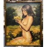 OIL ON CANVAS - NUDE STUDY GIRL IN FIELD - SIGNED - 84 X 69 CMS