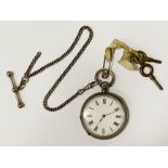 SILVER POCKET WATCH, CHAIN & KEYS