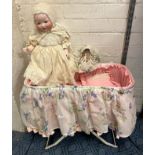 EARLY A.M GERMAN BISQUE DOLL 351/6R & SMALL DOLL WITH A BASKET