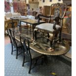 BLACK MOTHER OF PEARL ORIENTAL EXTENDING TABLE & 6 CHAIRS