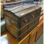 19THC DOME TOP TRUNK- FITTED INTERIOR - MARKED ROYAL LETTERS PATENT - 60CM H 77CM W & 46.5 DEEP