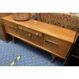 AVALON TEAK SIDEBOARD - MAKERS STAMP TO VERSO - APPROX 71CM X 203CM X 44CM - SLIGHT WOBBLE TO 1 LEG