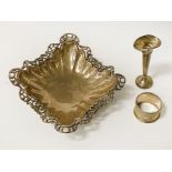 ORNATE SILVER DISH & TWO OTHER ITEMS - 7 ozs APPROX