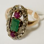 9CT GOLD EMERALD RUBY & DIAMOND RING - SIZE O/P - 3.6 GRAMS APPROX