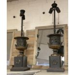 PAIR OF BRONZE GREEN URN LAMPS 65CMS APPROX