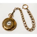9CT GOLD CASED HALF HUNTER POCKET WATCH WITH A 9CT GOLD CHAIN - FULLY WORKING