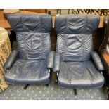 PAIR RETRO 1970S BLUE LEATHER EASY CHAIRS