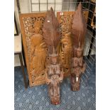 PAIR OF HAND CARVED THAI WALL HANGING - A/F WITH PAIR OF CARVED WOODED PLAQUES