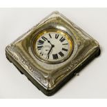 NICKEL SILVER TRAVEL CLOCK IN STERLING SILVER CASE 12CMS (H) X 10CMS (W) APPROX