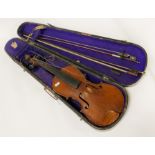 EARLY VIOLIN, 2 BOWS & CASE