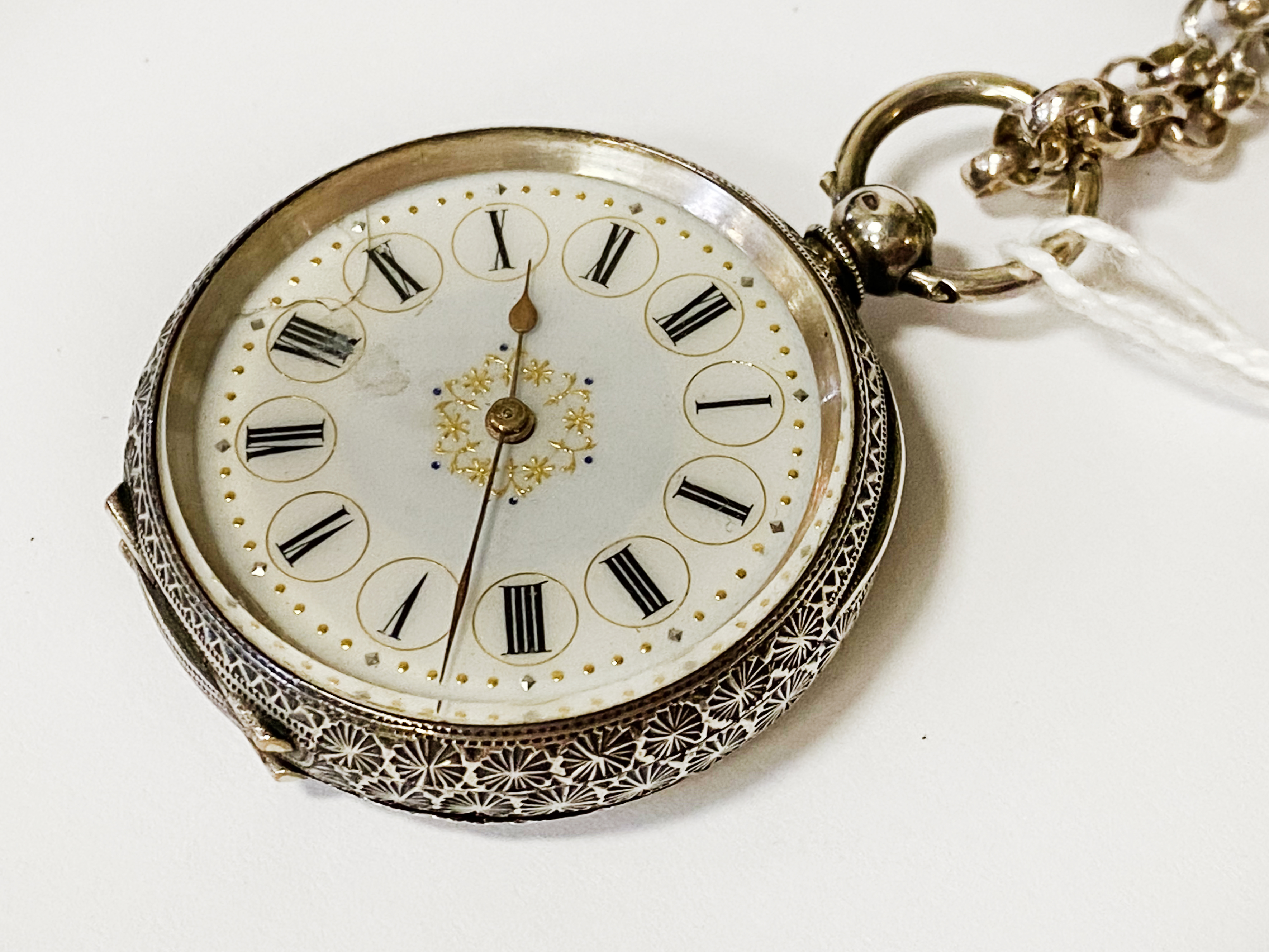 SWISS SILVER POCKET WATCH ON CHAIN - 35 MM FACE APPROX - Image 2 of 3