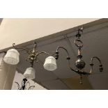 EDWARDIAN BRASS & GLASS SHADE CEILING LIGHT WITH ANOTHER (WITHOUT SHADE)