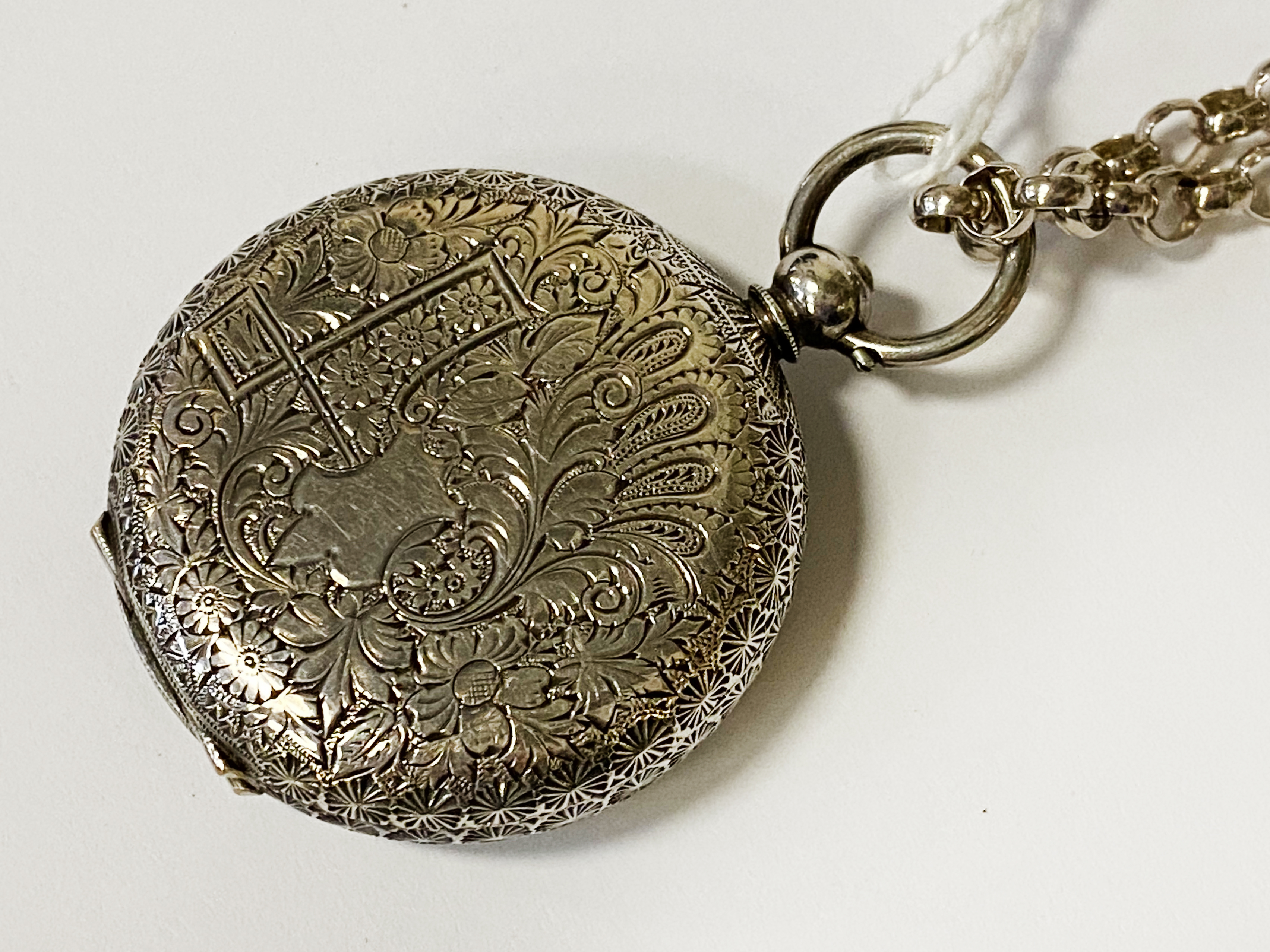 SWISS SILVER POCKET WATCH ON CHAIN - 35 MM FACE APPROX - Image 3 of 3