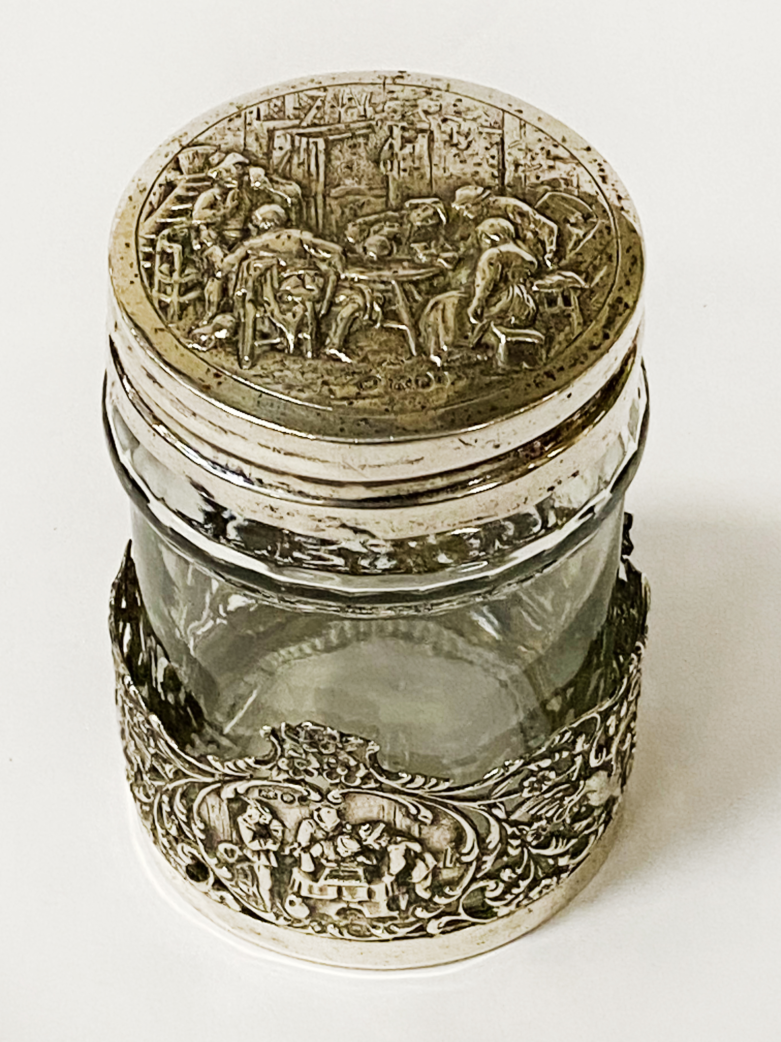 DUTCH SILVER & GLASS LIDDED JAR 11CMS (H) APPROX