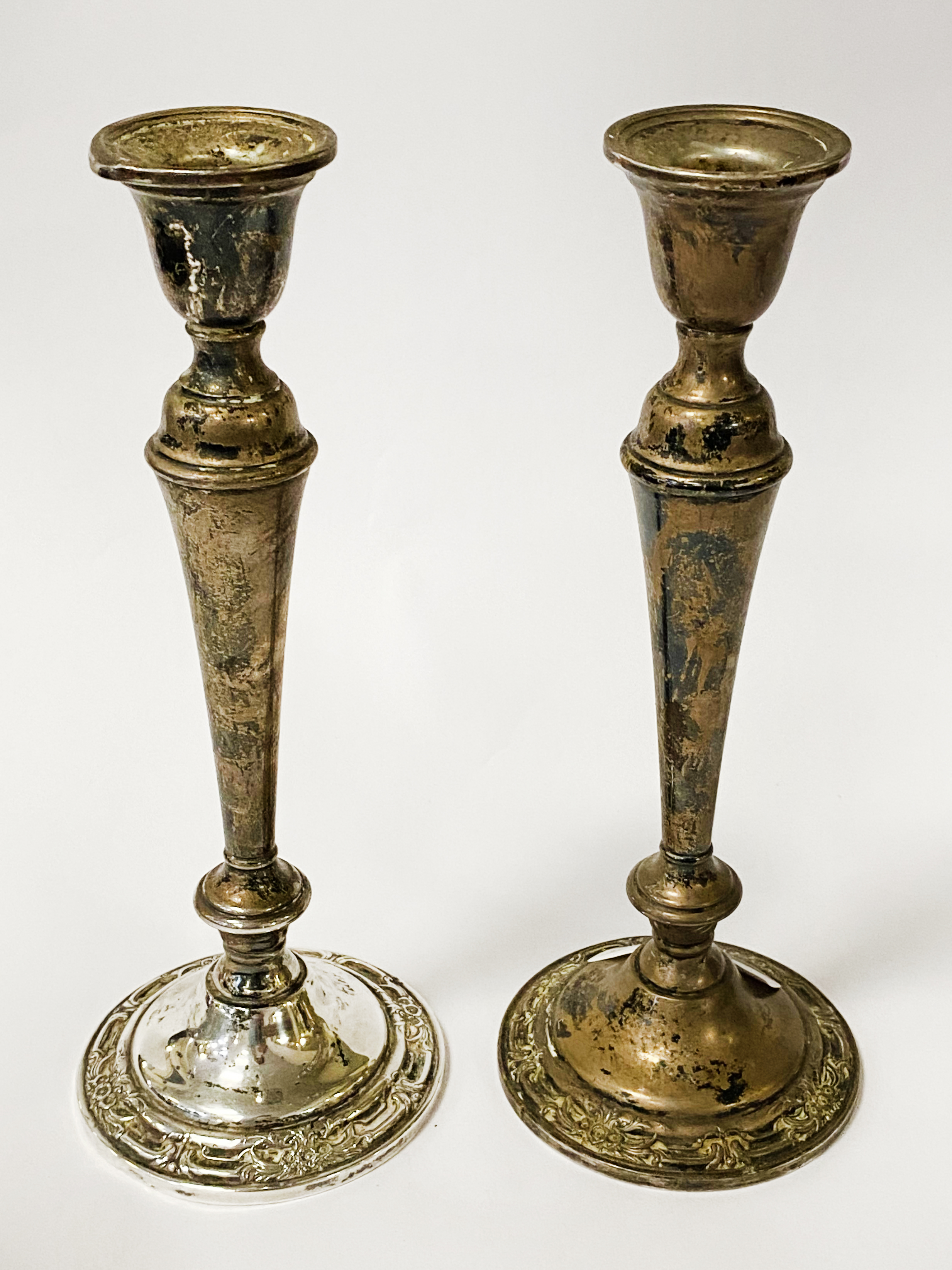 PAIR TALL SILVER CANDLESTICKS 25CMS APPROX