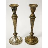 PAIR TALL SILVER CANDLESTICKS 25CMS APPROX