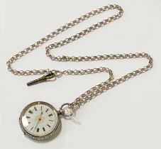 SWISS SILVER POCKET WATCH ON CHAIN - 35 MM FACE APPROX