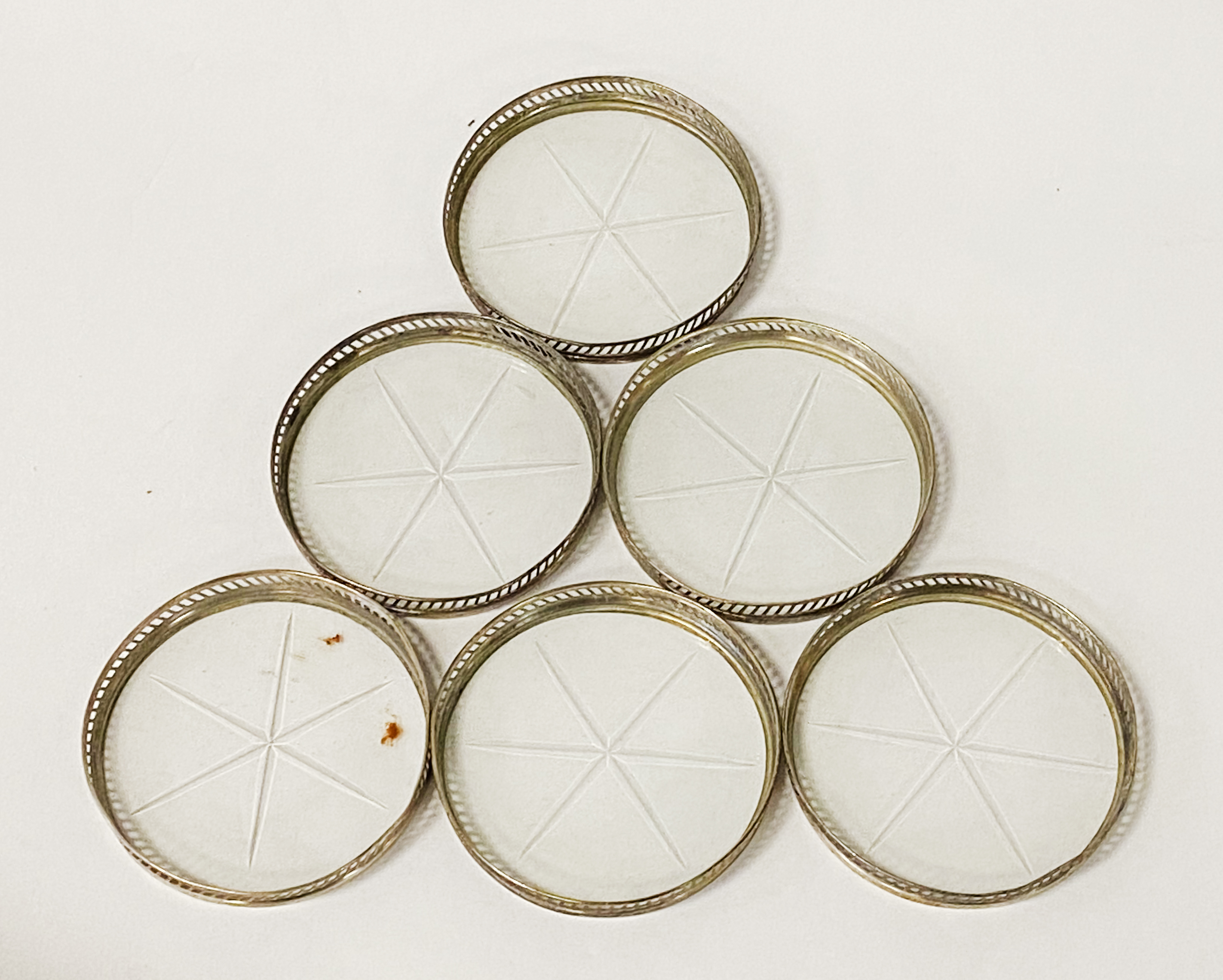 SET 6 SILVER & CUT GLASS COASTERS