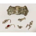 FIVE SILVER MINIATURE FIGURES & ART NOUVEAU BROOCH