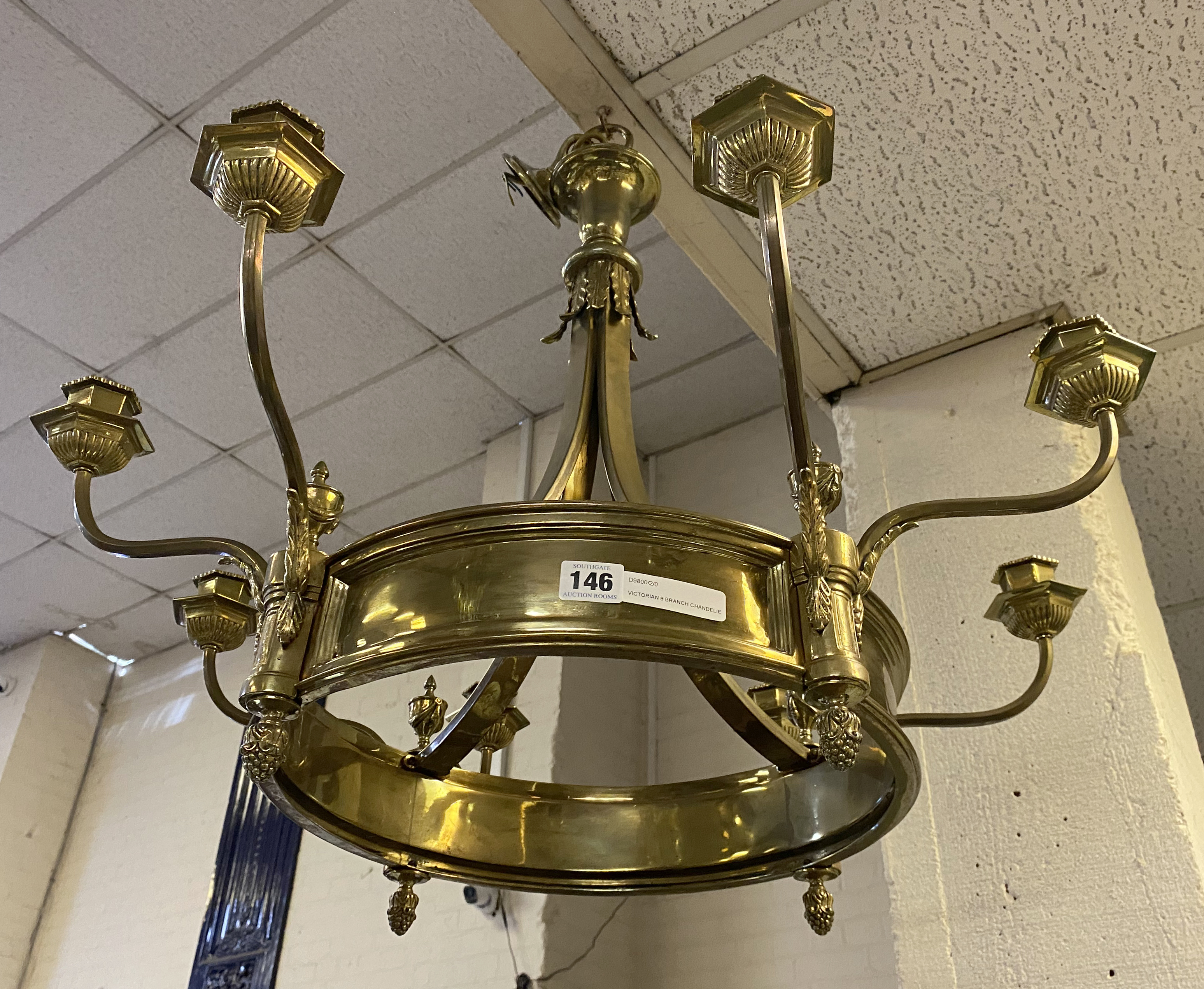 VICTORIAN 8 BRANCH BRASS CHANDELIER