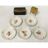 HAND PAINTED RUSSIAN BOX &GILT CASKET, 7 HAND PAINTED MEISSEN PLATES