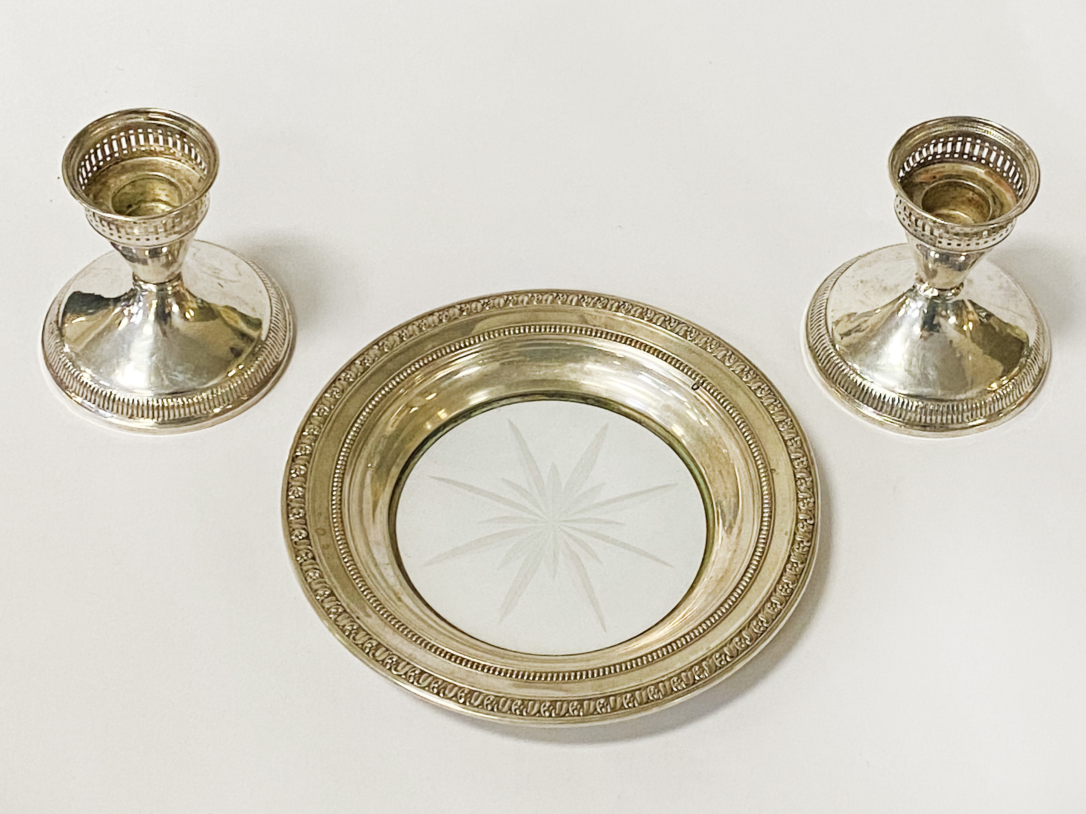 SILVER & CUT GLASS DISH WITH PAIR OF SILVER CANDLESTICKS