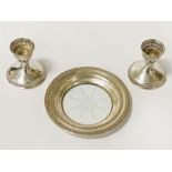 SILVER & CUT GLASS DISH WITH PAIR OF SILVER CANDLESTICKS