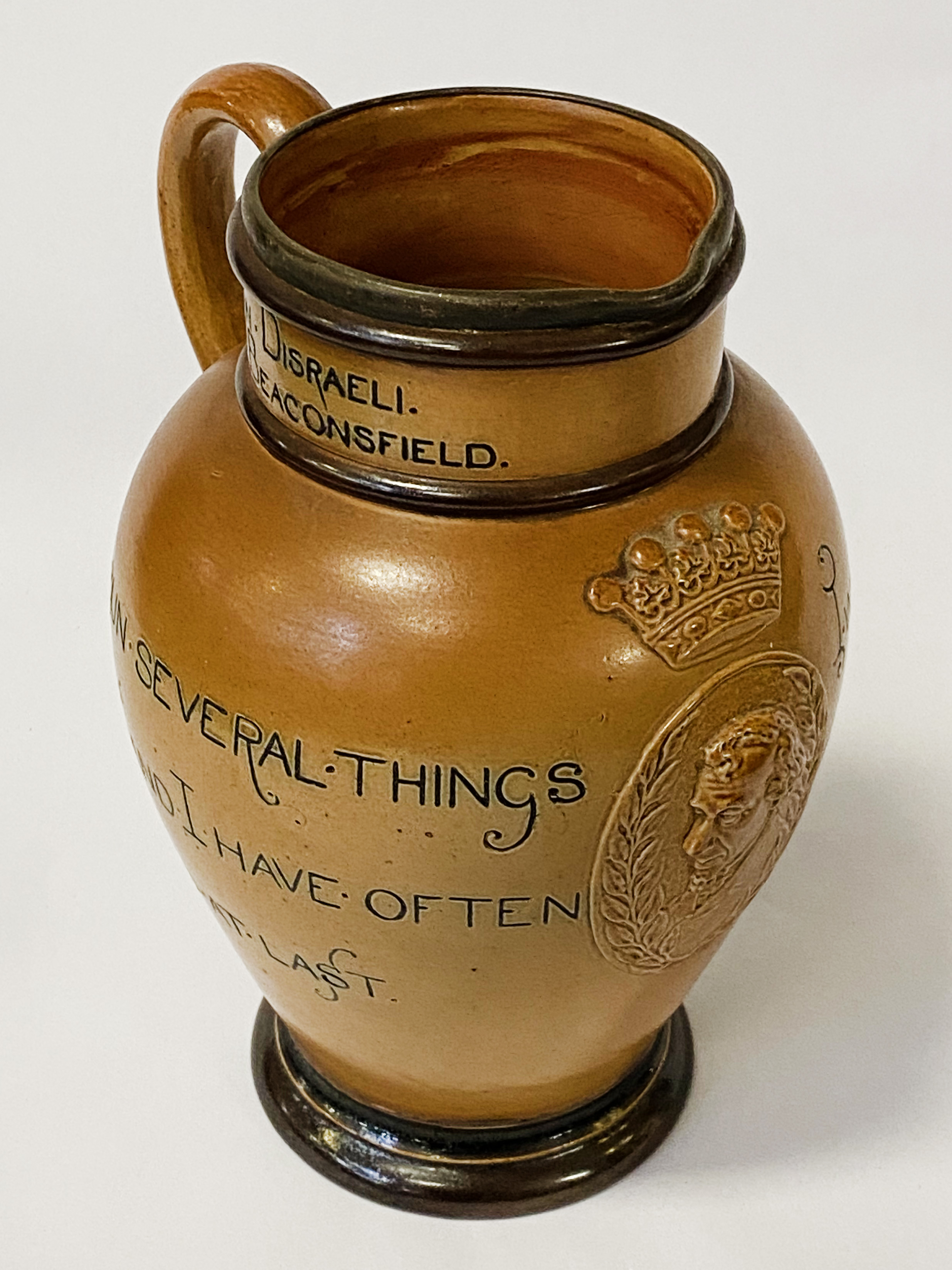 DOULTON LAMBETH DISRAELI COMMEMORATIVE STONEWARE JUG - JOHN MORTLOCK & CO OXFORD ST LONDON C1881