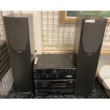HI-FI SYSTEM INC. JVC RECEIVER/CASSETTE/CD WITH TALL MISSION SPEAKERS