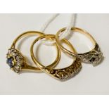 THREE 18CT GOLD & PLATINUM RINGS - SOME SMALL DIAMONDS 8.3 GRAMS APPROX