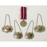 MILITARY MEDAL & 4 SILVER DECANTER LABELS
