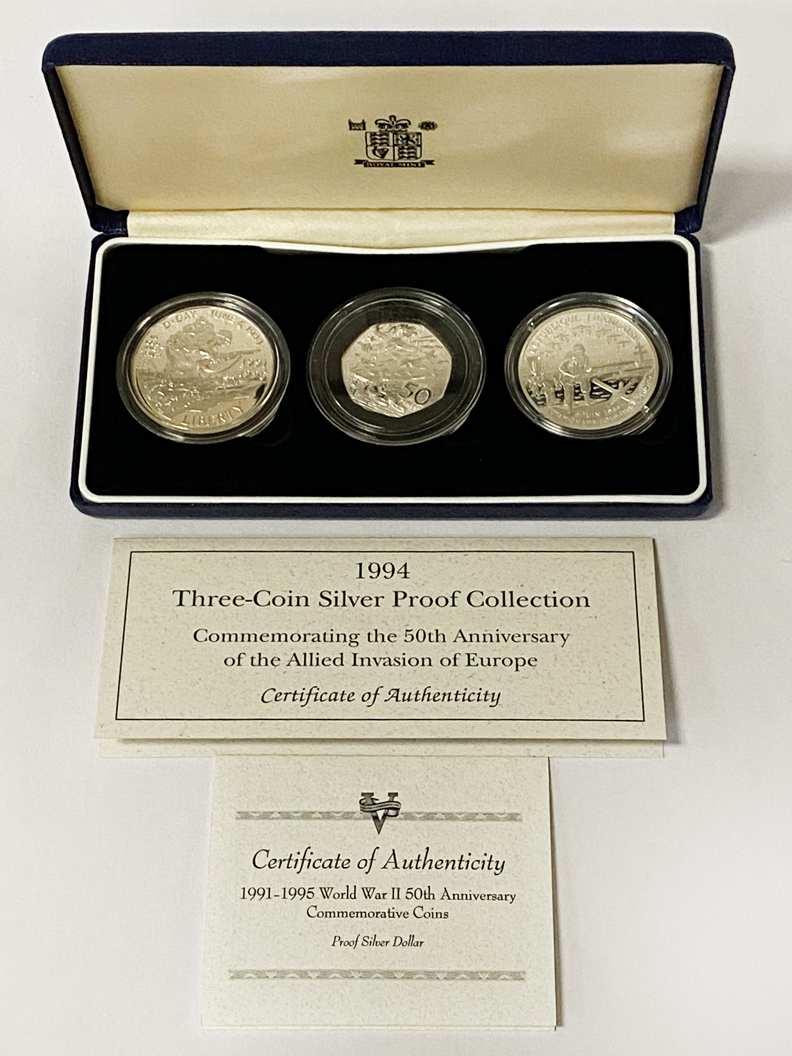 3 COIN SILVER PROOF COLLECTION & CERTIFICATE 1994
