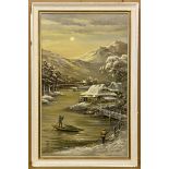 JAPANESE OIL PAINTING DEPICTING RIVER SCENE - SIGNED - 59 X 35 CMS