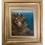 THOAMS JAMES LLOYD 1849-1910 OIL ON CANVAS - PLAYING ON THE ROCKS - SIGNED 30CM X 36CM- ORIGINAL