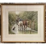 R.SPOORS & ANOTHER - 3 MEN ON HORSES& DOG 40 X 32CMS INNER FRAME