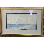 FRED FITZGERALD - SEAGULLS FOLLOWING BOAT - WATERCOLOUR - 50 X 25 CMS