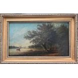 19THC ENGLISH SCHOOL OIL ON PANEL - RIVER LANDSCAPE WITH BOATS - INDISTINCTLY SIGNED 16CM X 28CM -
