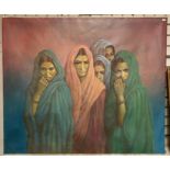 LARGE OIL ON CANVAS - 5 INDIAN WOMEN SIGNED BY PARDUMAN 114CMS X 97CMS