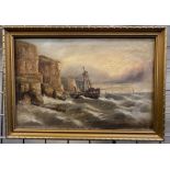 OIL ON CANVAS - SHIP IN ROUGH SEA - SIGNED D.AULD - 44 X 30 CMS TO FRAME