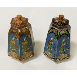 PAIR CLOSONNE LIDDED JARS 12CMS (H)