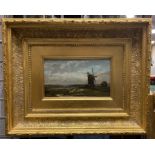 GILT FRAMED OIL ON CANVAS - WINDMILL SCENE POSSIBLY DAVID COX - 24 X 14 CMS