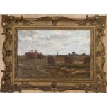 PAUL EMILE RAISSIGUER 1851-1932 OIL ON CANVAS LAID DOWN - HAYMAKING IN FRANCE - SIGNED 29CM X 44CM -