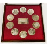 TEN CASED SILVER MEDALLIONS & INGOT THE SOVEREIGNS OF EUROPE