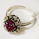 18CT WHITE GOLD DIAMOND & RUBY RING - SIZE N