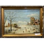 THORPE - SIGNED OIL -ICE SKATERS ON FROZEN DUTCH RIVER -49 X 33CMS INNER FRAME