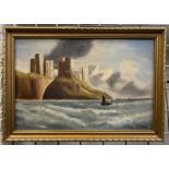 OIL ON CANVAS - SHIP AT SEA WITH CASTLE IN BACKGROUND, SIGNED - 44 X 29 CMS TO FRAME